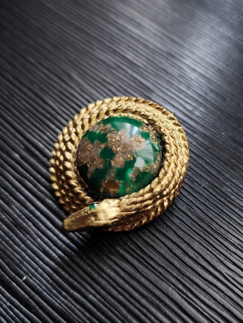 Vintage 1960s Ouroboros Snake Brooch Green Gold Flecked Art Glass Pin Brooch